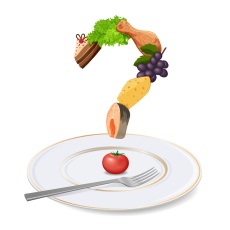 Illustration von einem Teller über dem ein Fragezeichen aus Nahrungsmitteln schwebt.